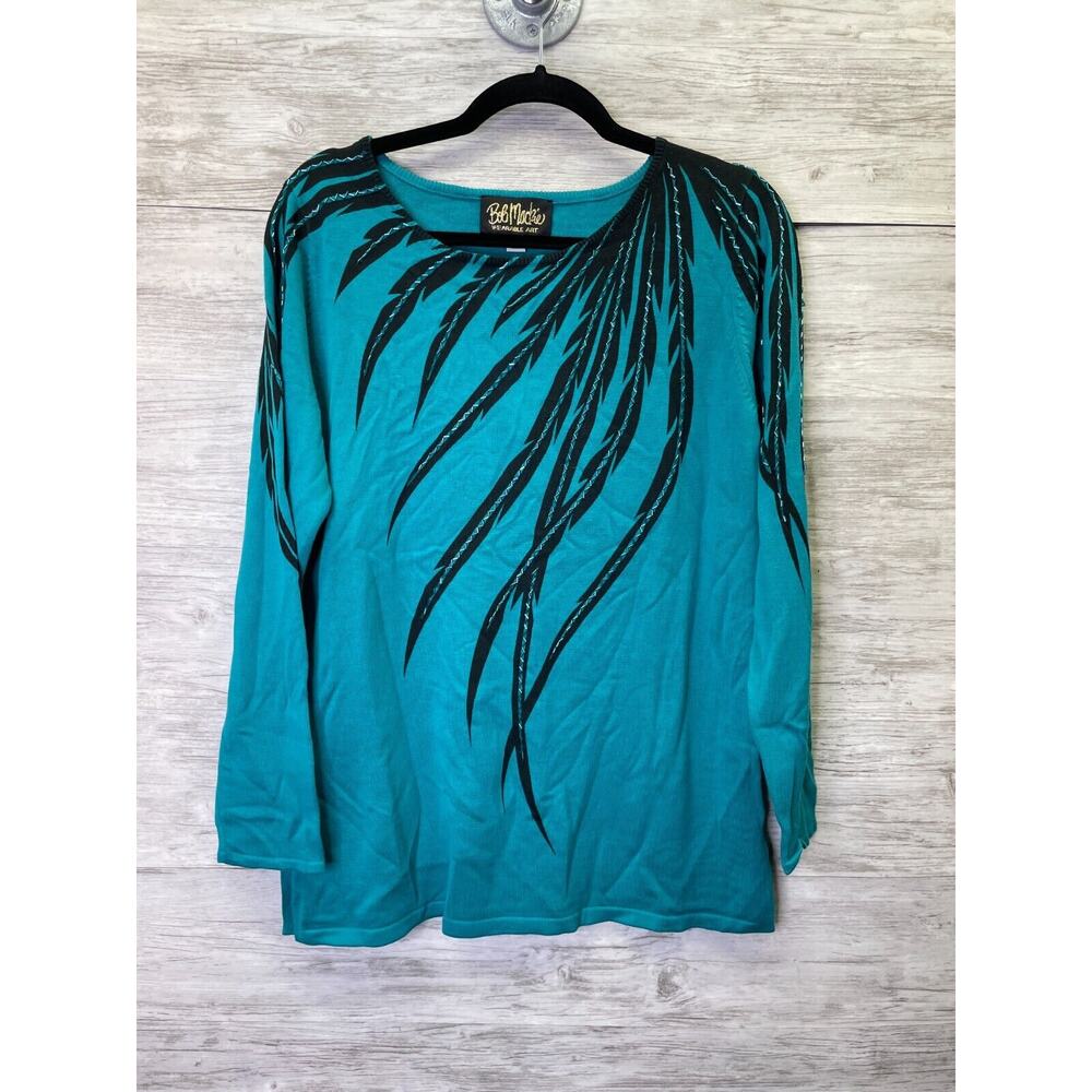 Bob Mackie Sweater Womens Small Blue Black Beaded Long Sleeve Wearable Art